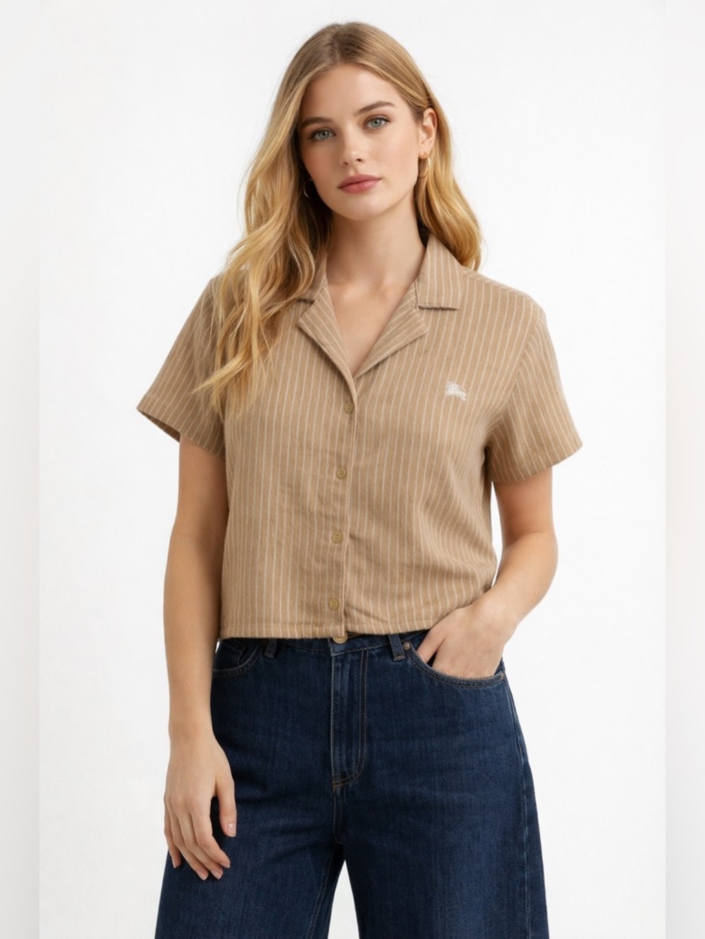 Burberry London England Linen Striped Button-Up Shirt Beige Short Sleeve Small